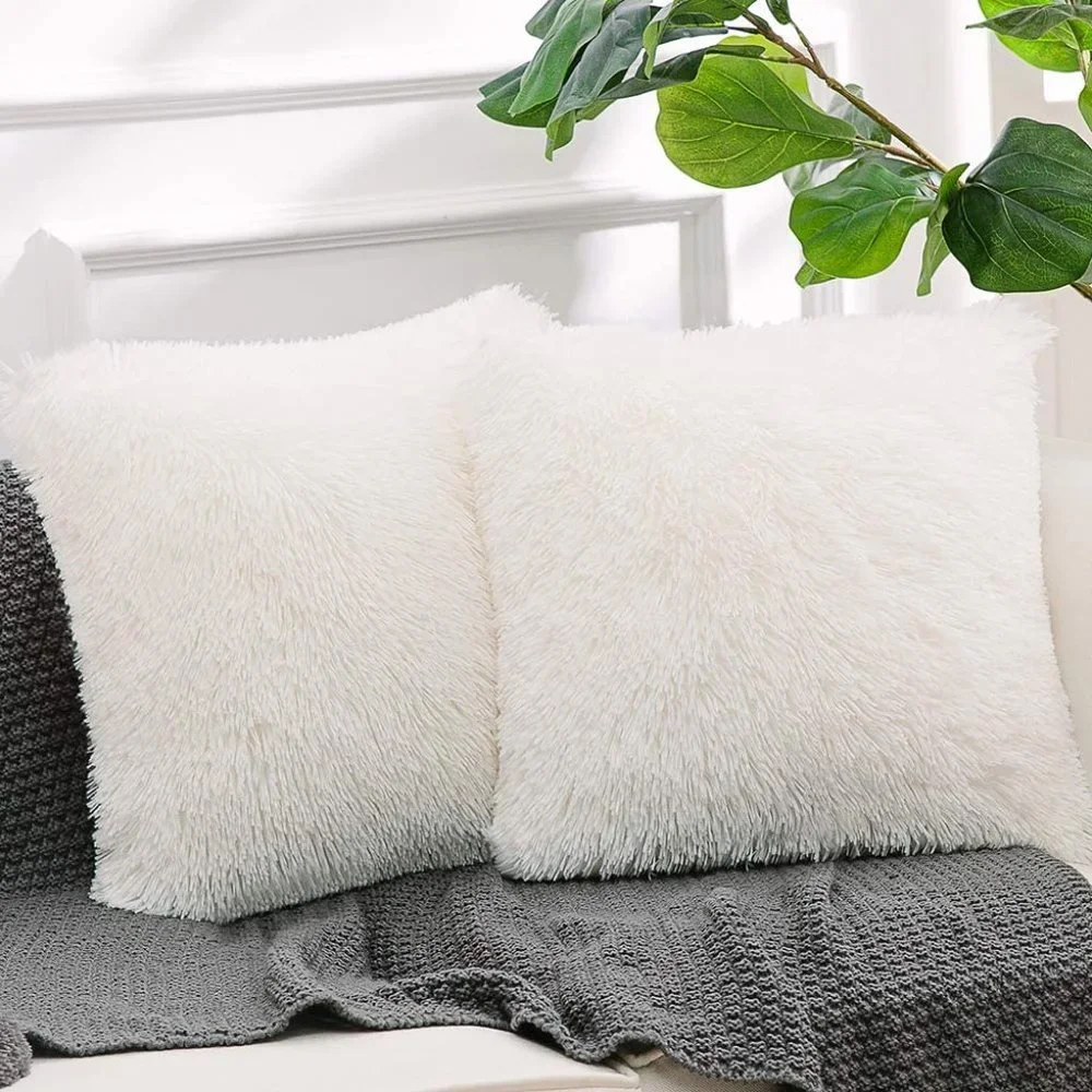 Luxury White Fuzzy Farmhouse Adorable Trendy Throw Pillow Decor Twin Cover Set